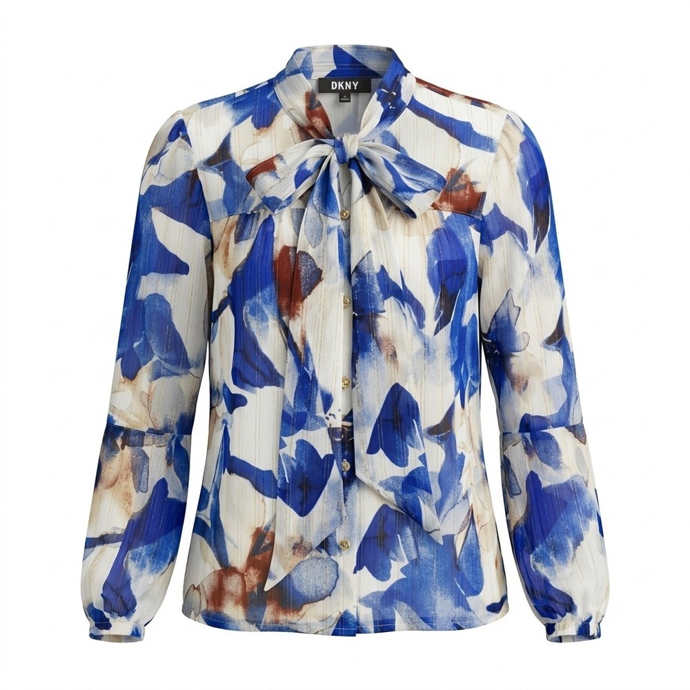 DKNY Womens Blue Abstract Floral Tie Neck Metallic Chiffon Blouse PXS New